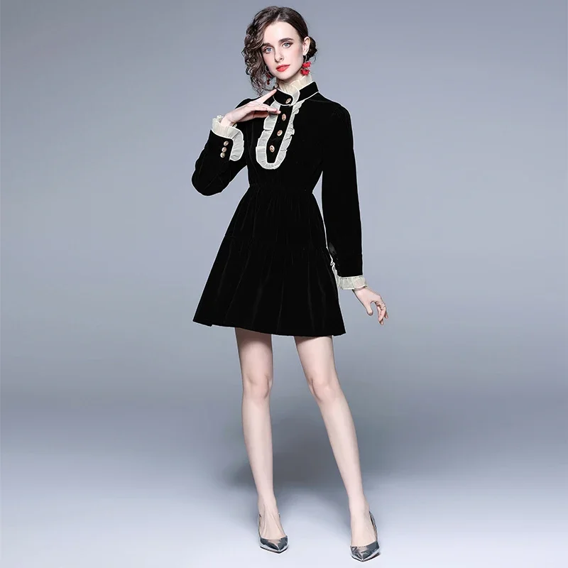 Black Dress Sweet Wear with Autumn 2024 New Women's Hepburn Style Black Velvet Dress