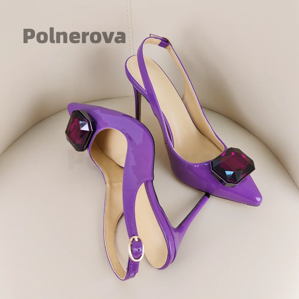 

Crystal Jewel Slingback Sandals Women Purple Gold Patent Leather Pointy Toe High Heels Shoes Women's Summer Office Lady Shoes
