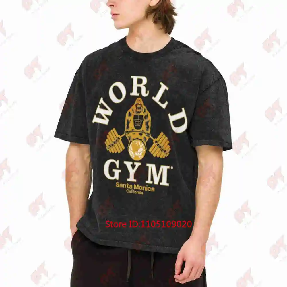 S World Gym Retro Logo Vintage Muscle Beach Bodybuilding Santa Monica Vintage Washed Tee Pure Cotton T-Shirt