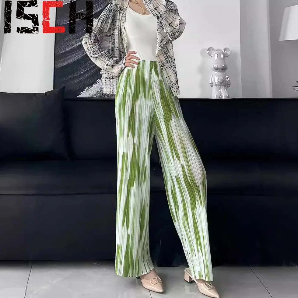 

Pleats Pleated Collision Gradient Print Pleated Straight Casual Pants Commuter Women's Thin Plus Size Casual Nine Pants