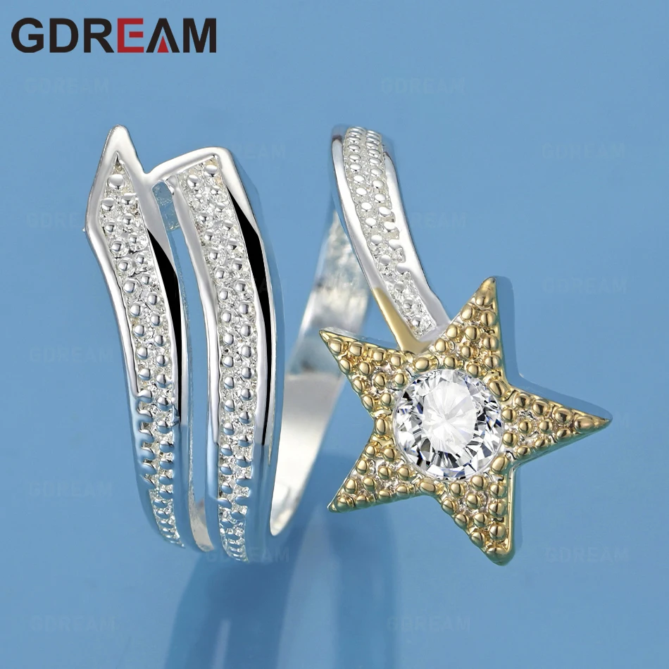 

GDREAM 925 Sterling Silver Two-Tone Star Zirconia Open Ring For Women, Vintage Style, Personalized Accessory, Gift, Jewelry