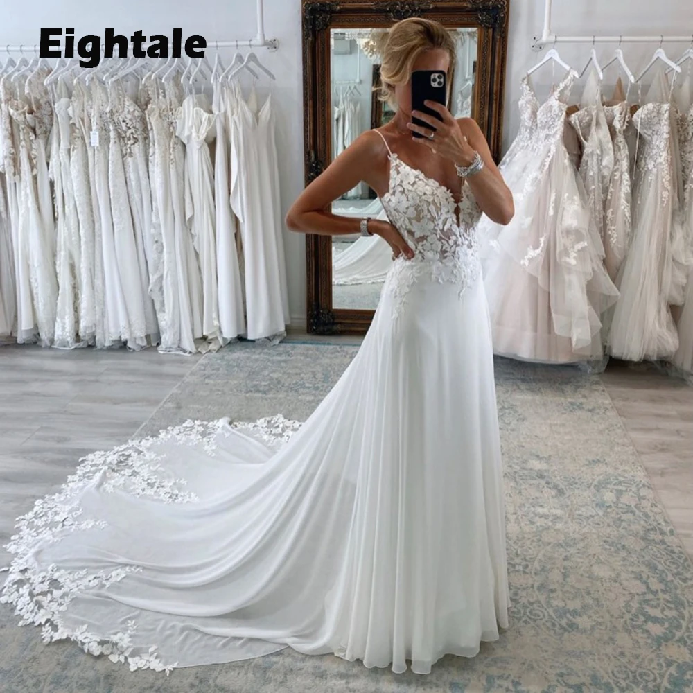 Eightale boho vestidos de casamento com decote em v rendas apliques a linha cintas de espaguete personalizado tribunal trem vestido de noiva novia