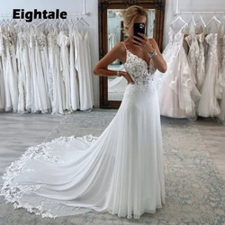 Eightale Boho Wedding Dresses V-Neck Lace Appliques A-Line Spaghetti Straps Customized Court Train Bridal Gown Vestido De Novia