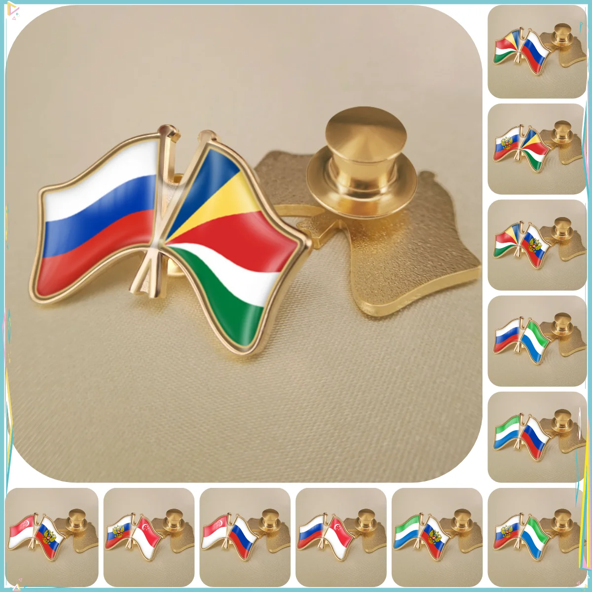 Russian Federation and Seychelles Sierra Leone Singapore Double Crossed Friendship Flags Brooches Lapel Pins Badges