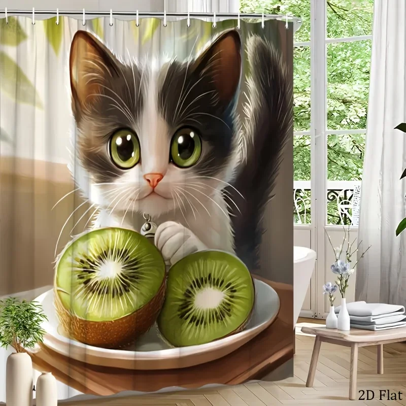 Cute Cat & Kiwi Fruit Shower Curtain, Funny Animal Eating Print Waterproof Bathroom Decor, Kawaii Pet Lover Home Bath Screen