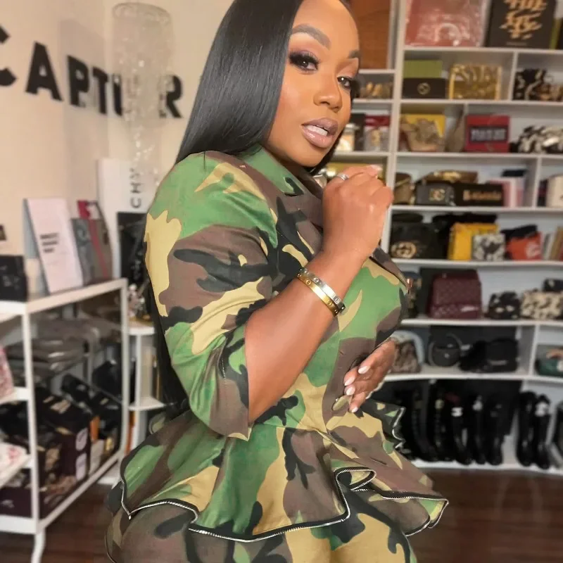 

Camouflage Print Zipper Ruffles Jackets 2025 Autumn Women Fashion Notched Collar Long Sleeve Double Breasted Slim Casual Coats
