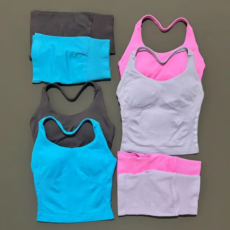 2 Pieces Shorts Yoga Set Women Backless Halter Tops High Waist Seamless Shorts Gym Suit Fitness Sportswear Workout Sets image 3