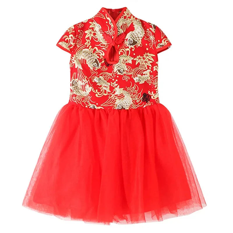 Fashion Red Girl Dress Summer Performance Kids Cheongsam Vestidos Baby Chinese Qipao Mesh Princess Dresses Children Clothing