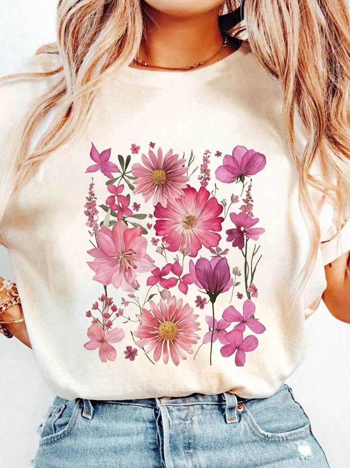 

Plus - Size Women's Off - White Short - Sleeve T - shirt, Pink Floral Bouquet Print, Casual & Fresh