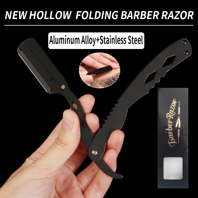 New Hollow Straight Barber Razor Aluminum Alloy Haircut Beard Shaving Tool Manual Folding Depilation Razor Trimming Knife Holder