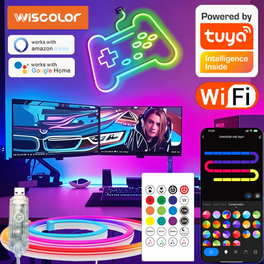 

WISCOLOR Светодиодная RGBIC неоновая лента, водонепроницаемая, гибкая силиконовая лента, музыкальная синхронизация, голосовое управление, с Aleax/Google Home, поддержка Smart Life для DIY освещения домашнего декора