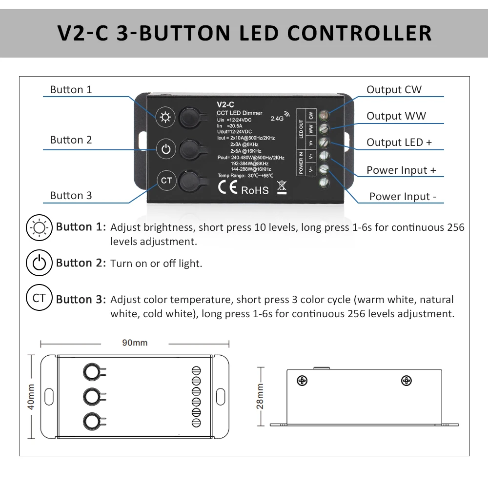 V2-C CCT LED Controller 12V 24V 2CH Dual White Color 5050 2835 COB LED Strip Light 2.4G RF Wireless 12 24 Volt Dimmer Controler