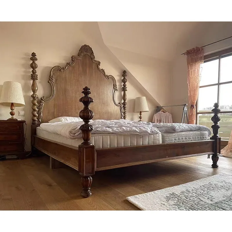 American retro solid wood carving flower high back medieval bedroom hotel homestay roman column double bed