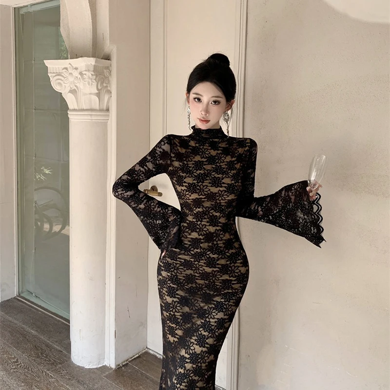 French Style Fashionable Prom Dress Women Retro Elegant Black Sheer Lace Fishtail Long Robe Female Party Banquet Vestidos