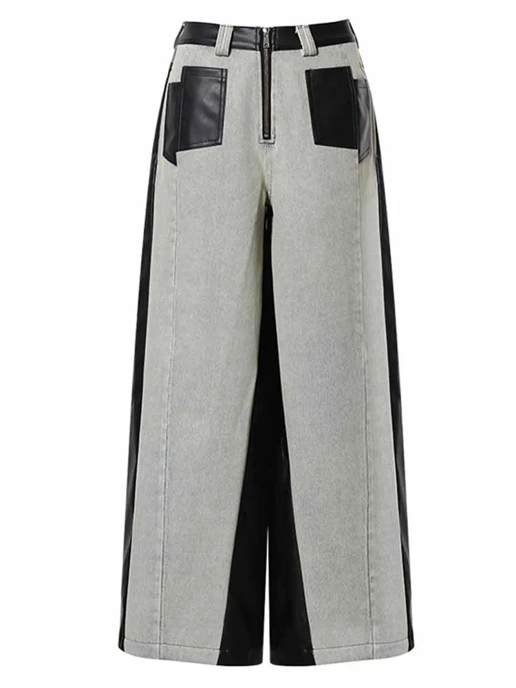 BKQU Vintage cuir Patchwork Baggy jean femmes Unique contrasté taille haute fermeture éclair jambe large Denim pantalon 2025 Chic Streetwear