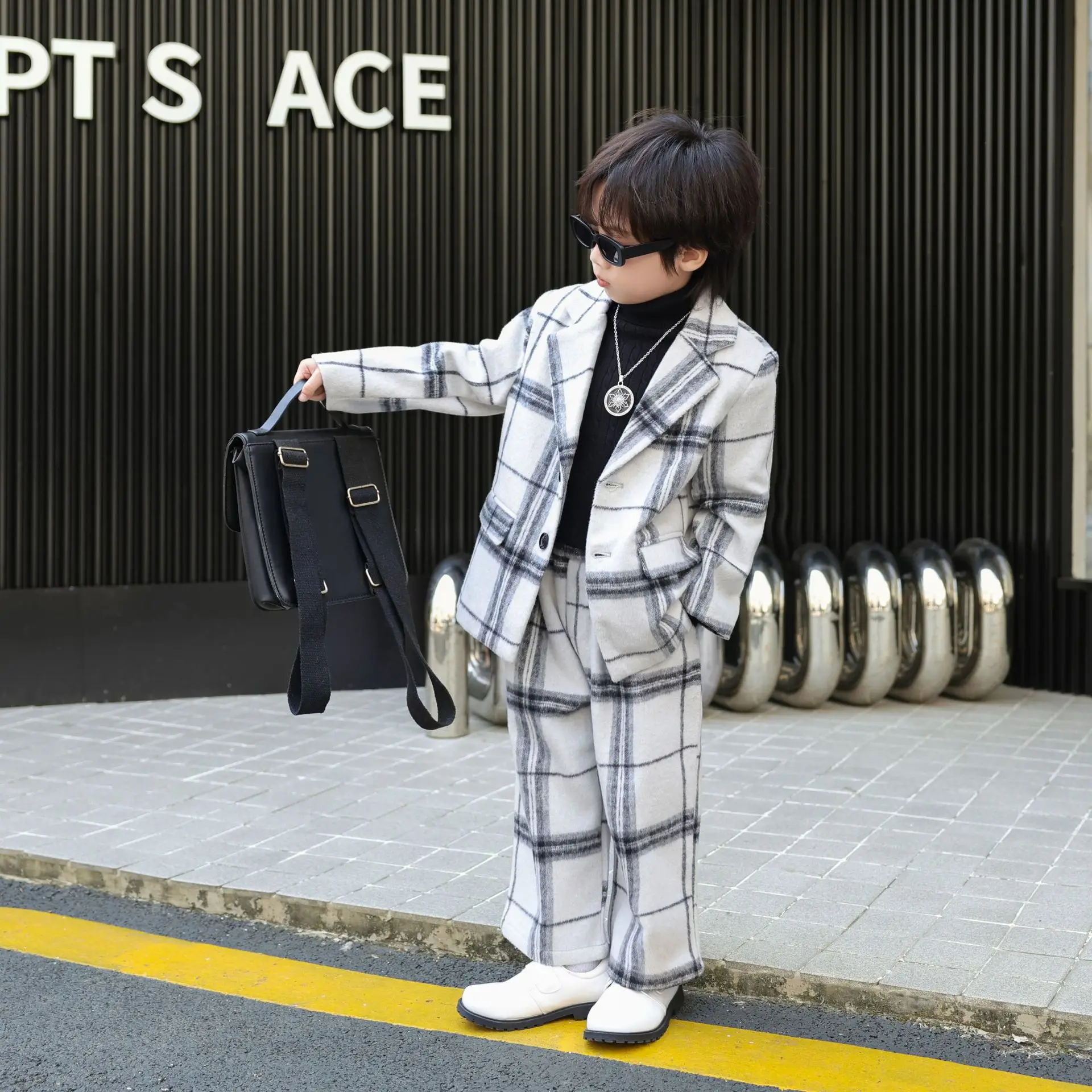 Boys Plaid Wool Blazer Suit 2 Pce Outfit Long Sleeve Coat Wide Leg Pants Kids Autumn Formal Set Warm Child Party Wedding Clothes