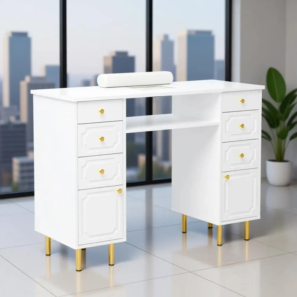 

Electric Dust Collector Nail Desk with Storage Drawers, Wrist Cushion, and Acrylic Resistant Surface for Nail Technicians and Ho