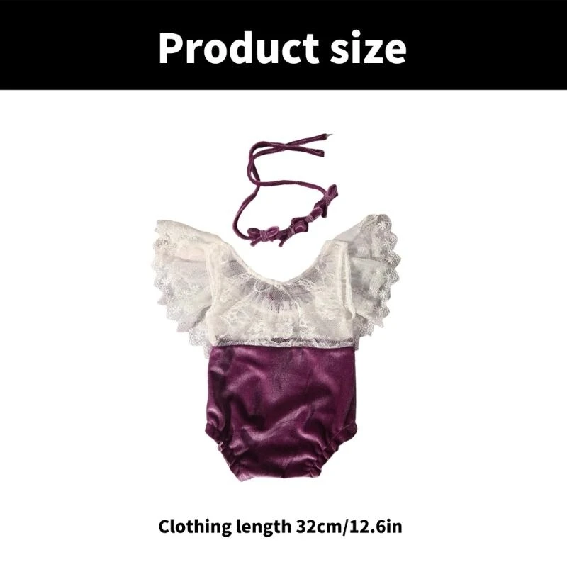 J15U مجموعة التصوير الفوتوغرافي لحديثي الولادة من الدانتيل المخملي مع ربطة رأس جميلة على شكل فيونكة لحديثي الولادة