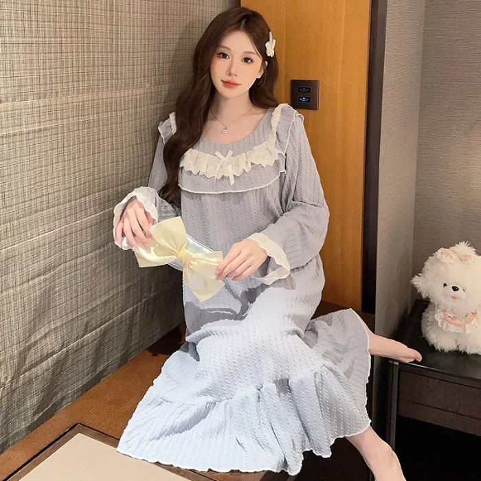 5XL Plus Size Autumn Spring Cotton Nightdress Female Lace Sweet Long Sleeve Pajamas Loose Loungewear Princess Style Home Clothes