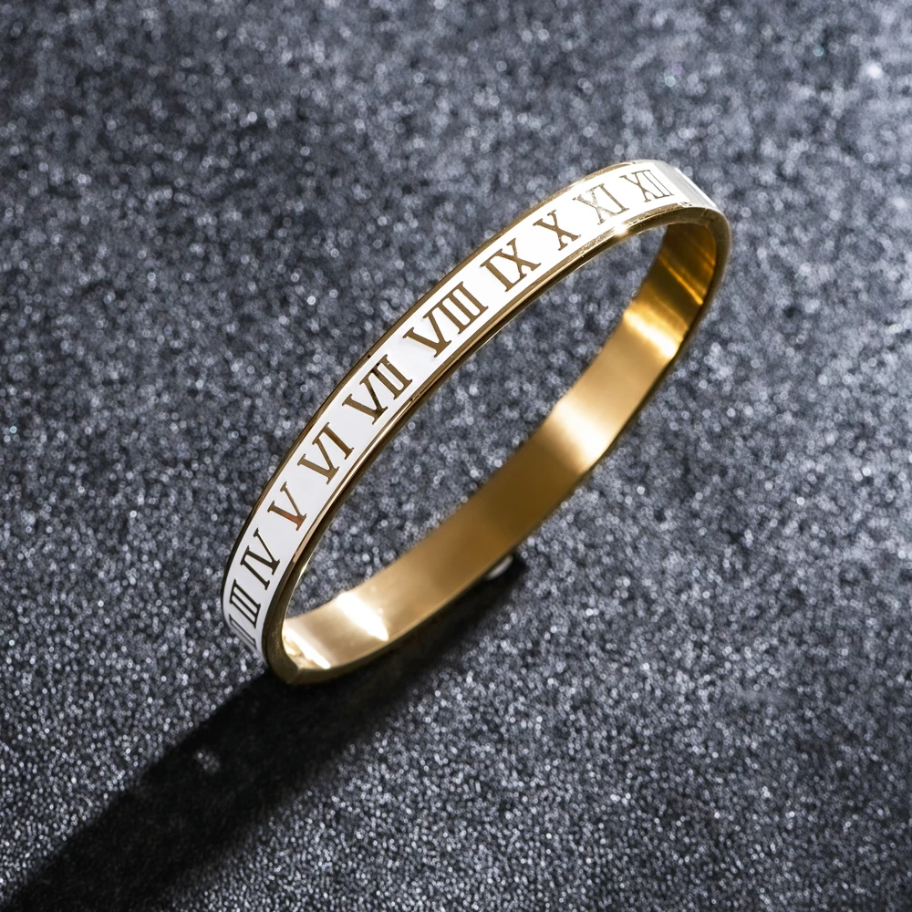 New Design Cuff Bracelet Bangl Enamel Carving Roman Numeral Couple Roman Bangle For Men Women Stainless Steel Jewelry