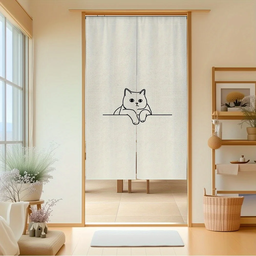 curious line art cat print door curtain easy hang for tea room home entry seasonal holiday decor cat lovers delight Quick Setup
