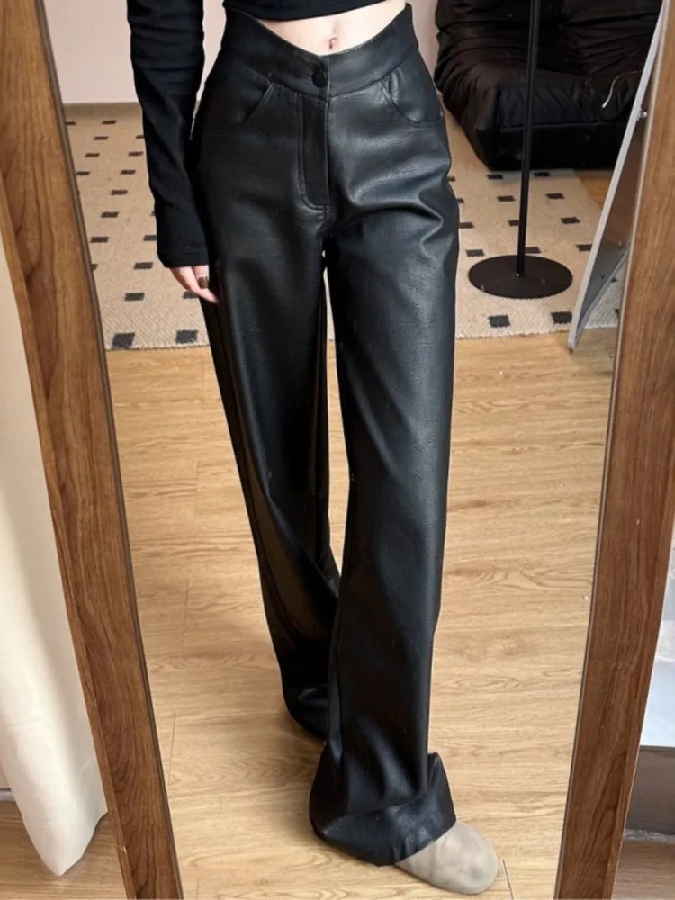 2025 vendita calda moda donna pantaloni in ecopelle vita alta slim fit dritto pantaloni a gamba larga primavera autunno pantaloni casual da pavimento