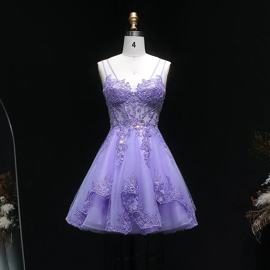 Sharon Said Fliederfarbenes Doppel-Spaghettiträger-Homecoming-Kleid mit Blumenperlen, A-Linie, Tüll, Dubai Cocktail-Abschlussball-Partykleid RM128 Maßanfertigung – Detail 4