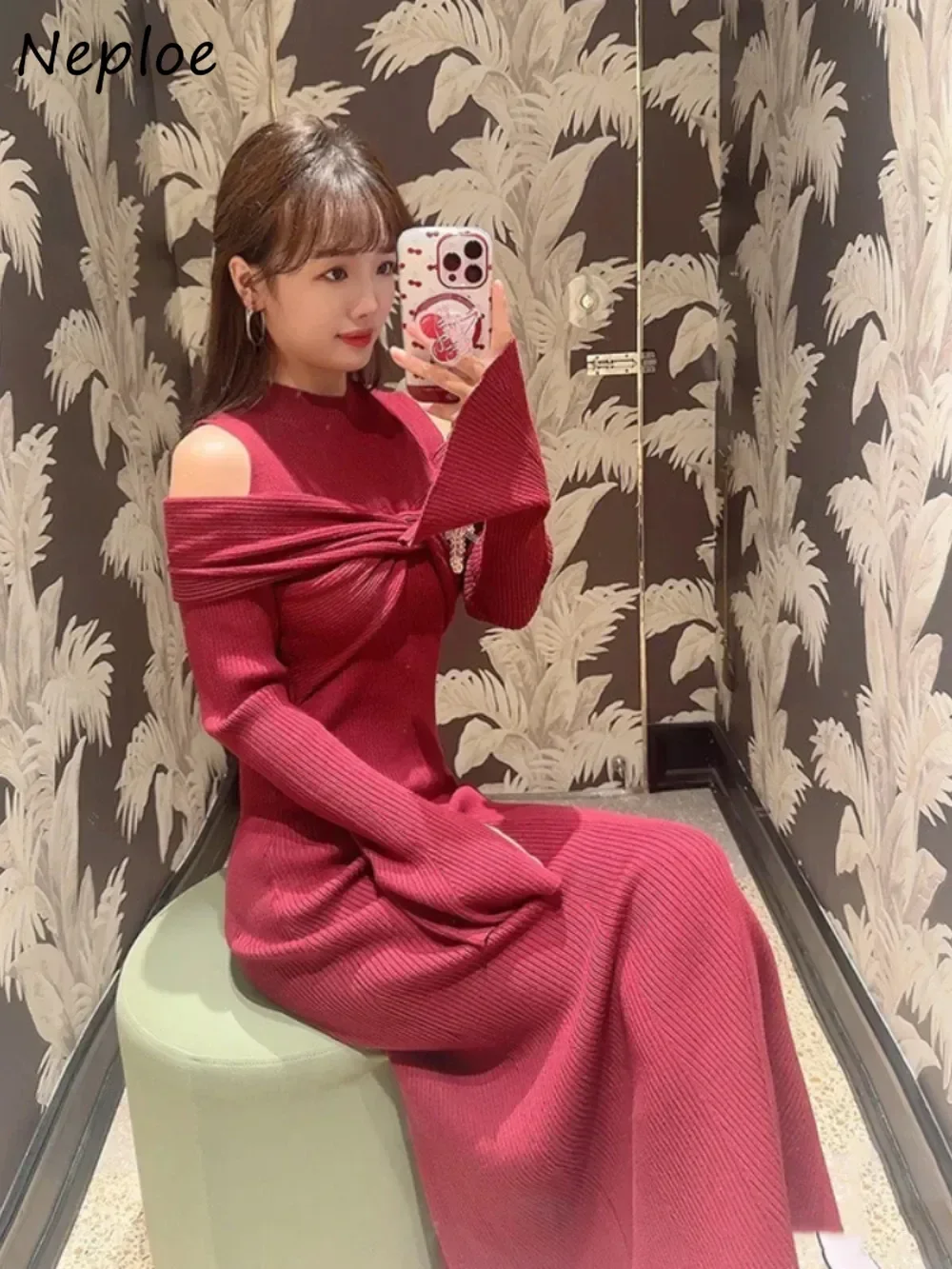 Neploe Commuter Cross Half-high Collar Flare Sleeve Knit Dress Off Shoulder Slim Mermaid Bodycon Robe Japan High Waist Vestido