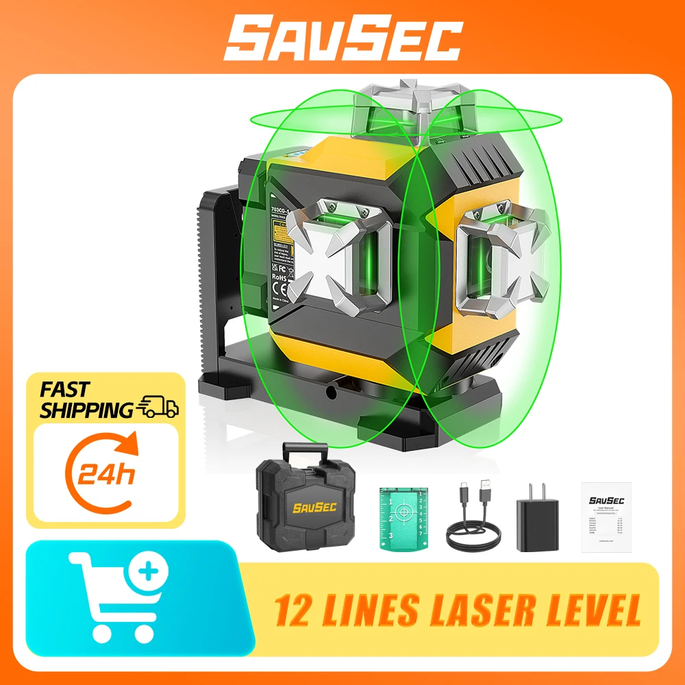 SAVSEC 12 Lines Laser Level 3D Green Self-Level Laser Line Tool with Integrated Magnetic Bracket