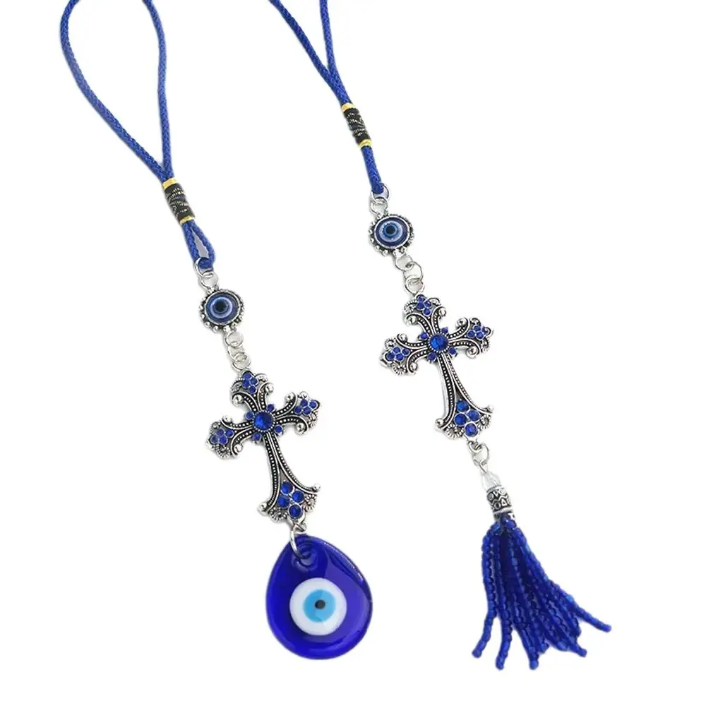 Alloy Hand of Fatima Turkish Eye Pendant Tassel Blue Eye Charm Rearview Car Hanging Pendant Amulet Home Decoration Wall Ornament