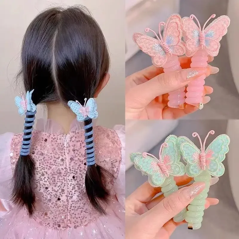 1PC New Lovely Embroidered Butterfly Elastic Spiral Hair Rope Head Rope Ponytail Hair Ring Rubber Band Headdress For Kids