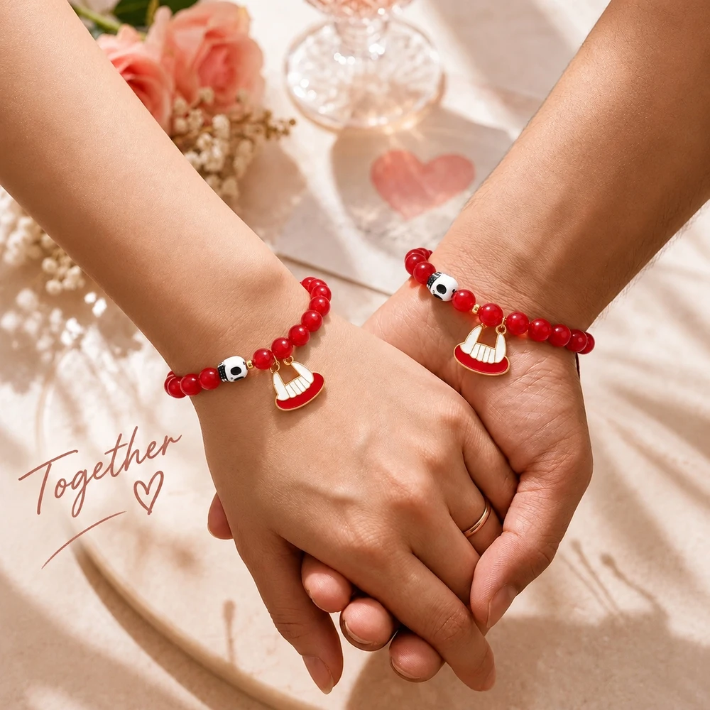 1pc Red Round Beaded Bracelet with White Soccer Cleat Charm and Black-and-White Ball Bead Trendy Unisex Style