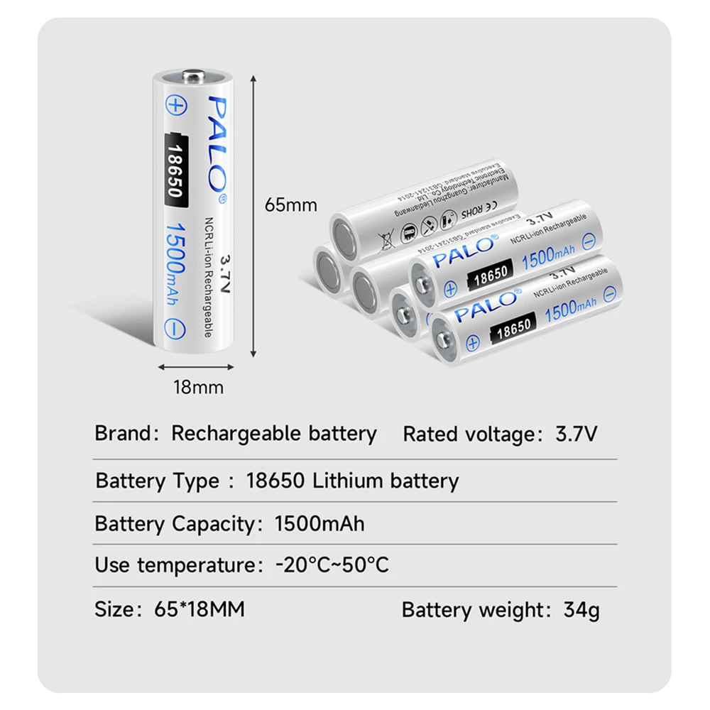 Palo 18650 Lithium Batteries 3.7V Li-ion 18650 NCR18650B Rechargebale Battery for Flashlight Toy Vehicles Battery with Charger