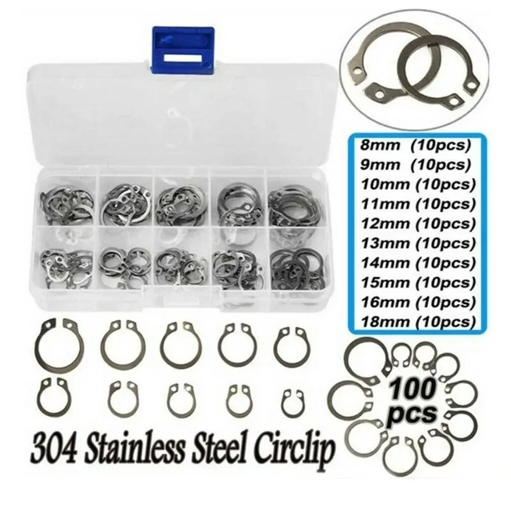 100pcs 304 Stainless Steel External Circlip Retaining Ring Assortment 8-18mm External 304 Stainless Steel Circlip Retaining Ring