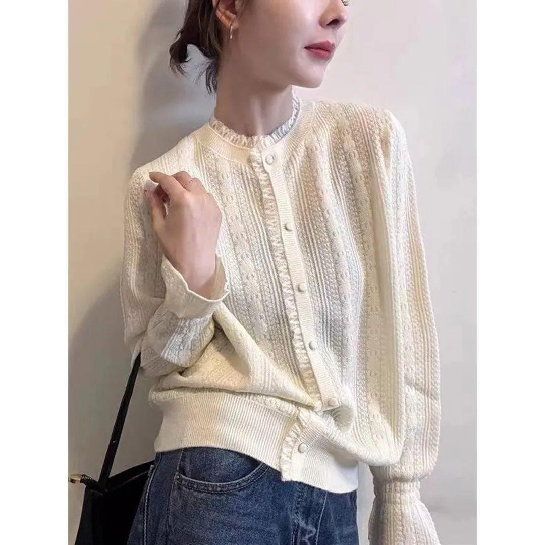 Sweet Style Loose Fit Cashmere Knitted Sweater Women's round Neck Hollow out Bell Sleeve Inner Wool Shirt Coat with Lace  view 3