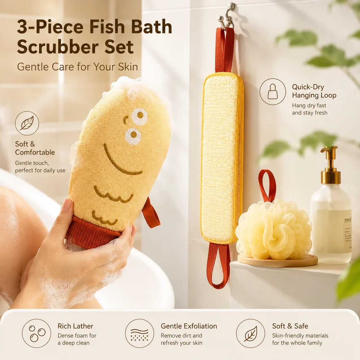 Painless Exfoliating Bath Glove, Fine Sand Texture Dead Skin Remover, Comfortable Body Scrub Mitt for Adults and Kids