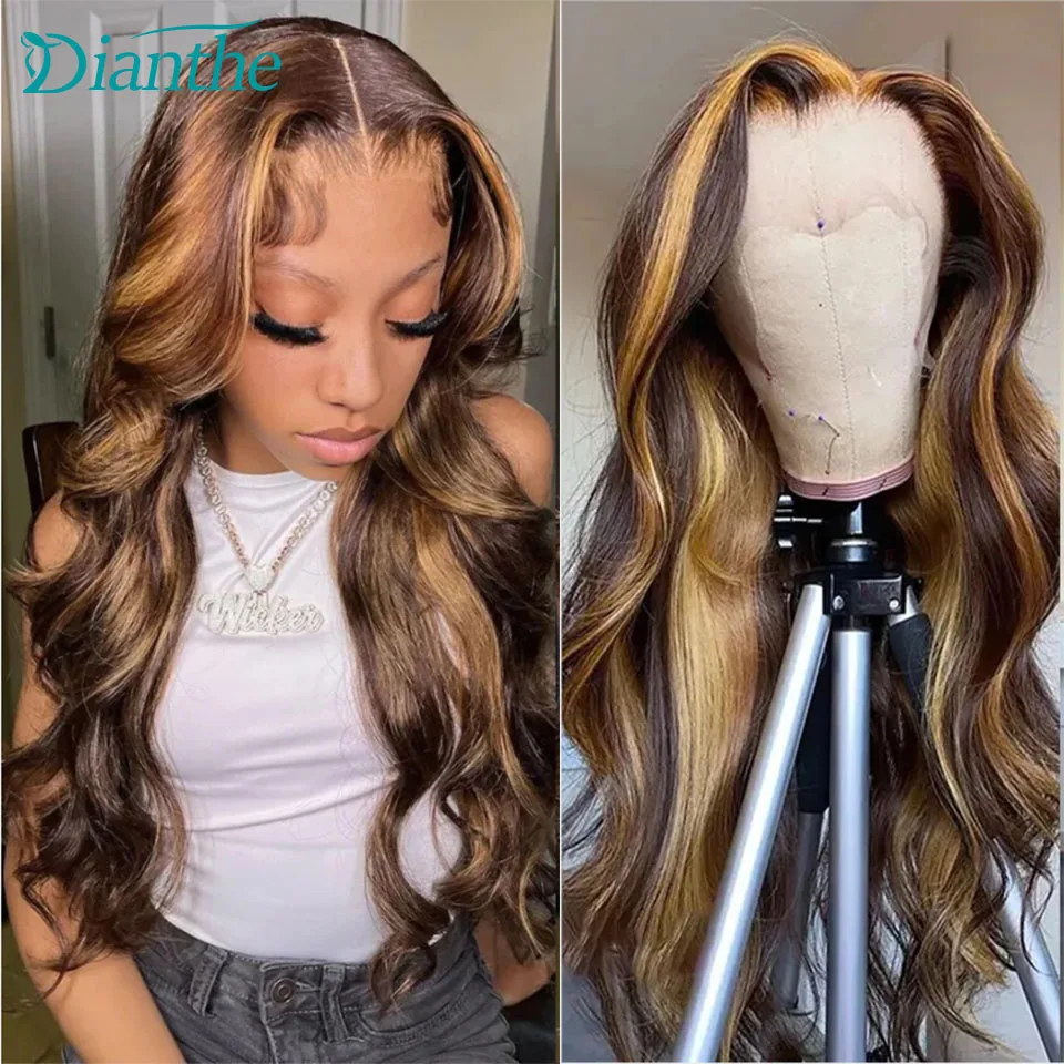 

Dianthe Hair 4/27# Ombre Human Hair Highlight Wig Body Wave Honey Blonde Lace Front Wig Lace Frontal Human Hair Wig for Women