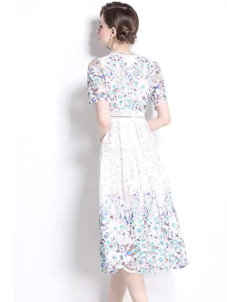 Vestido estampado de flores bordado de renda feminino, manga curta, zíper oco, cintura alta, vestido Midi de festa vintage francês, alta qualidade