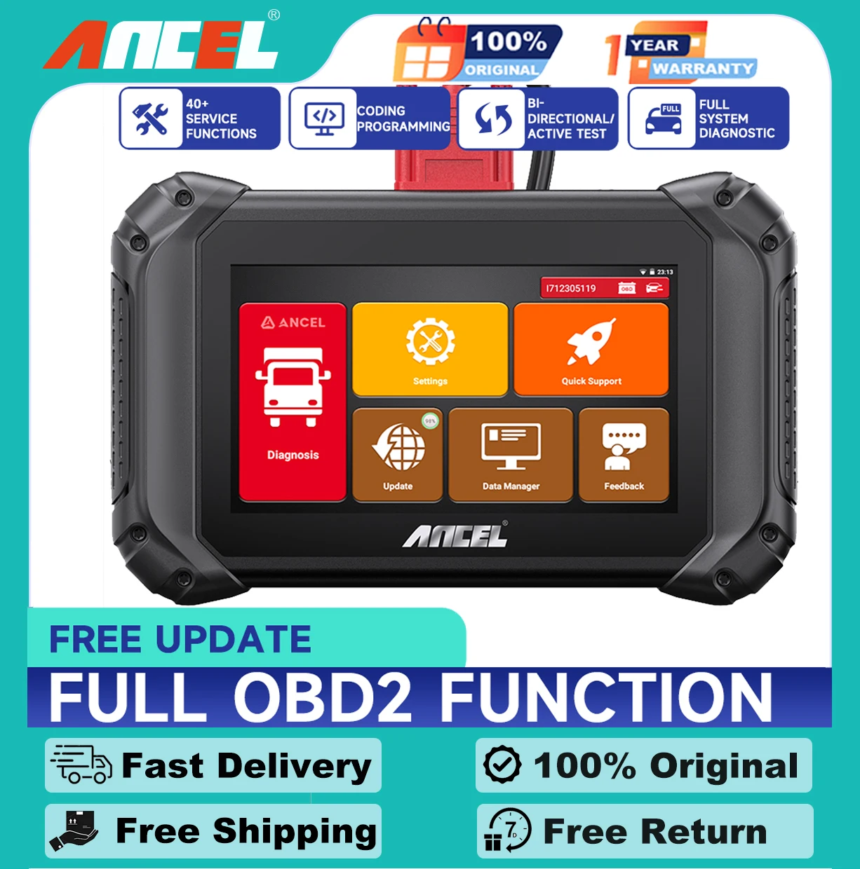 

ANCEL V5 HD OBD2 Heavy Duty Truck Diagnostic Tool Test ECU Coding BI-directional 40+ Reset OBDII Full System Scanner For Truck