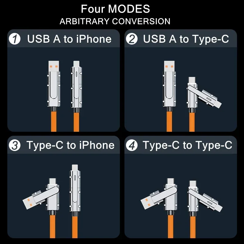 Orange Blue 4-in-1 Fast Charging Cable Universal USB Type-C Charger for Samsung Huawei Xiaomi Durable Silicone Material