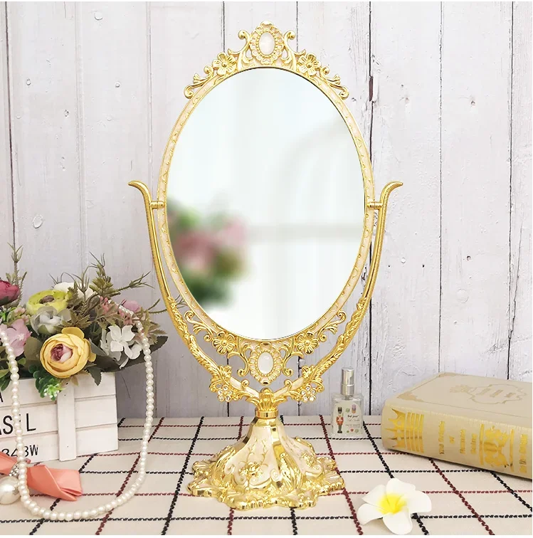 Fashion Double Faces Golden/ Bronze color Metal Desktop Makeup Mirror Room Decoration Vanity Mirror For Art de Table HZJ099