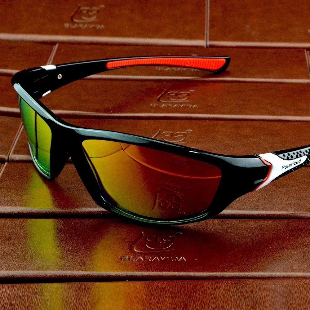 Gafas de sol deportivas polarizadas con montura negra y lentes reflectantes para ciclismo y running, con patillas rojas, para hombre y mujer