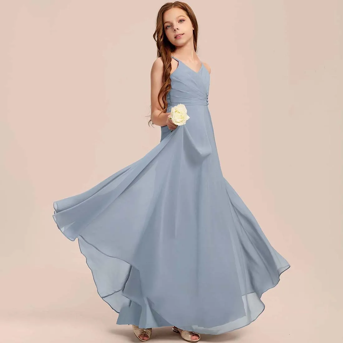 YZYmanualroom Chiffon Junior Bridesmaid Dress A-line V-Neck Floor-Length 2-15T