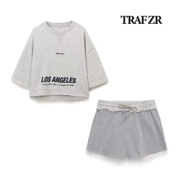 TRAF ZR Women New Complete Crews Unfinished Hem 2 Piece Half Sleeve Printed Crop Tee Elastic Drawstring Waist Striped Shorts