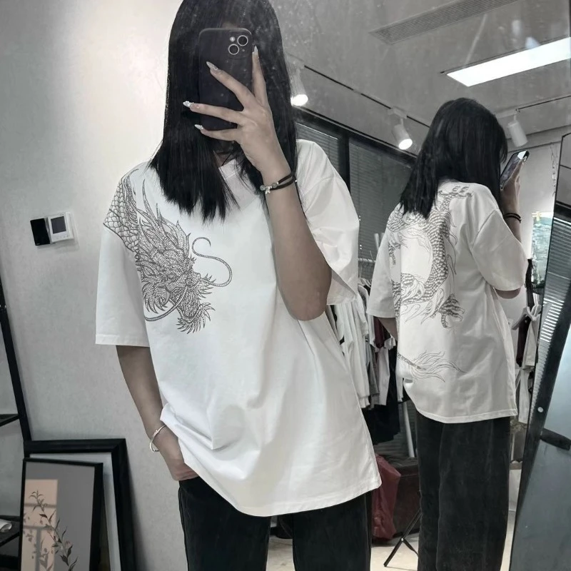 2026 Summer Collection Trendy Rhinestone Embellished Dragon Print Across Shoulder Short Sleeve Crew Neck Loose Casual T-Shirt
