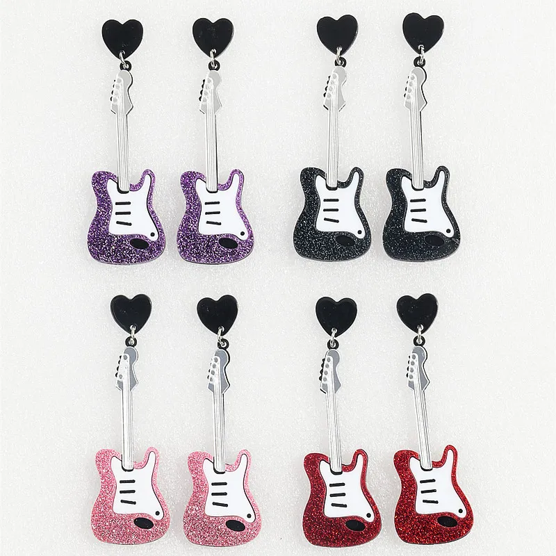 New Acrylic Glitter Classical Guitar Drop Earrings for Women Girls Music Festival Instrument Pendant Earrings Party Jewelry Gift