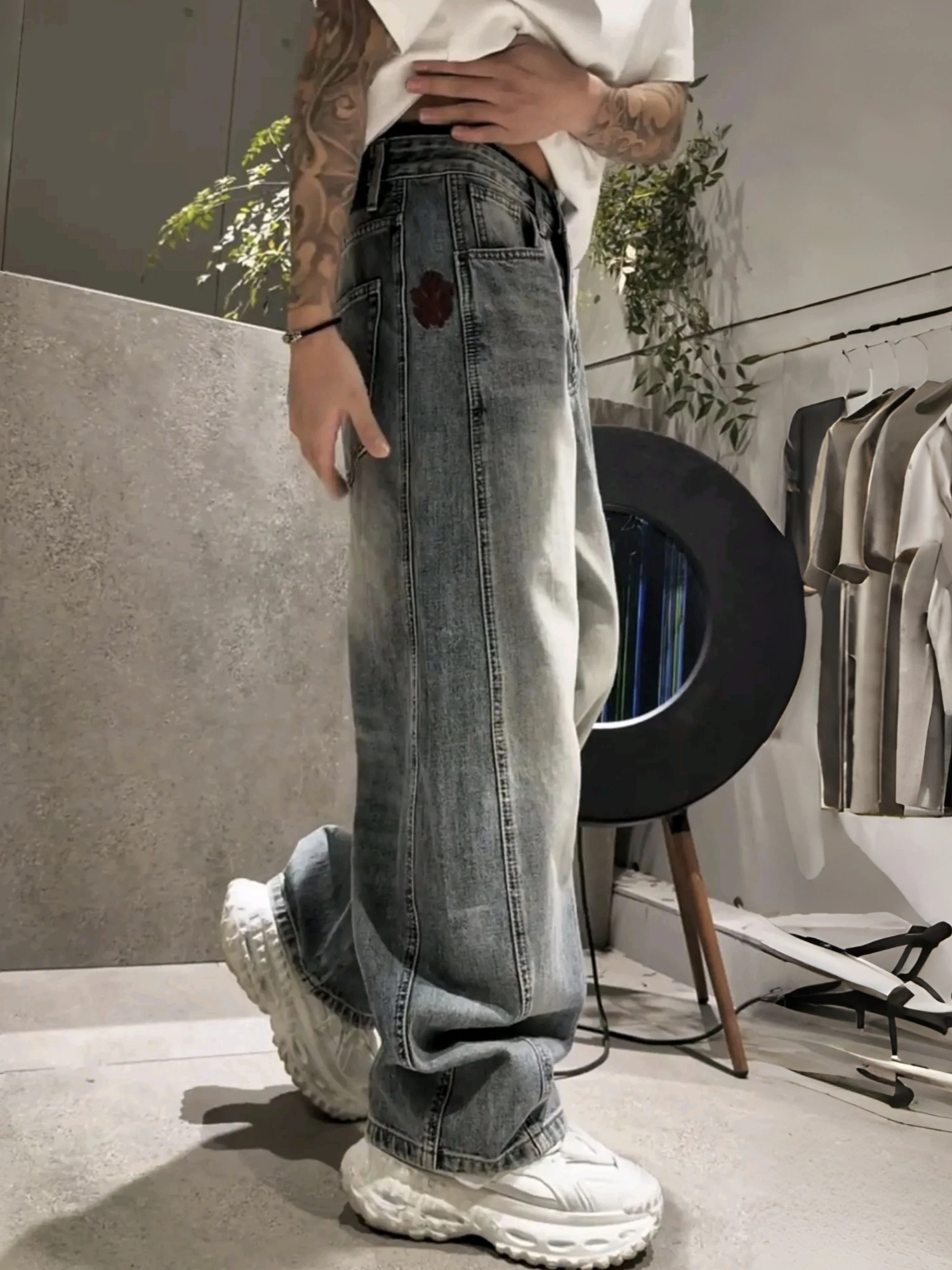 

Spring New Heavy Duty Washed Cross Street Men's Wide Leg Jeans Casual Versatile Cotton Blend Loose Fit Straight Tube Pants