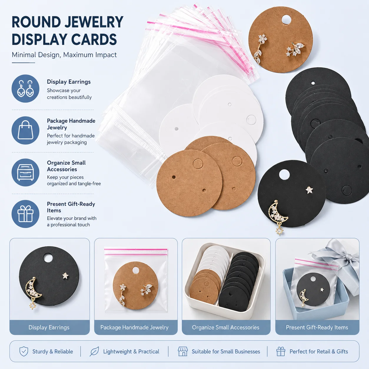 100 Stück Runde Ohrring-Displaykarten mit Ziplock-Beutel, 4cm Papierkarten und Klaren OPP-Plastikbeuteln für Ohrring-Schmuckverpackungen – Detail 3