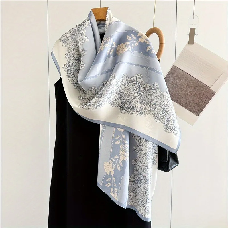 

100% Mulberry Silk Long Scarf for Women Oblong Shawls for Headscarf Neck- Oblong Hair Wraps Gift Packed Light Blue Floral Print