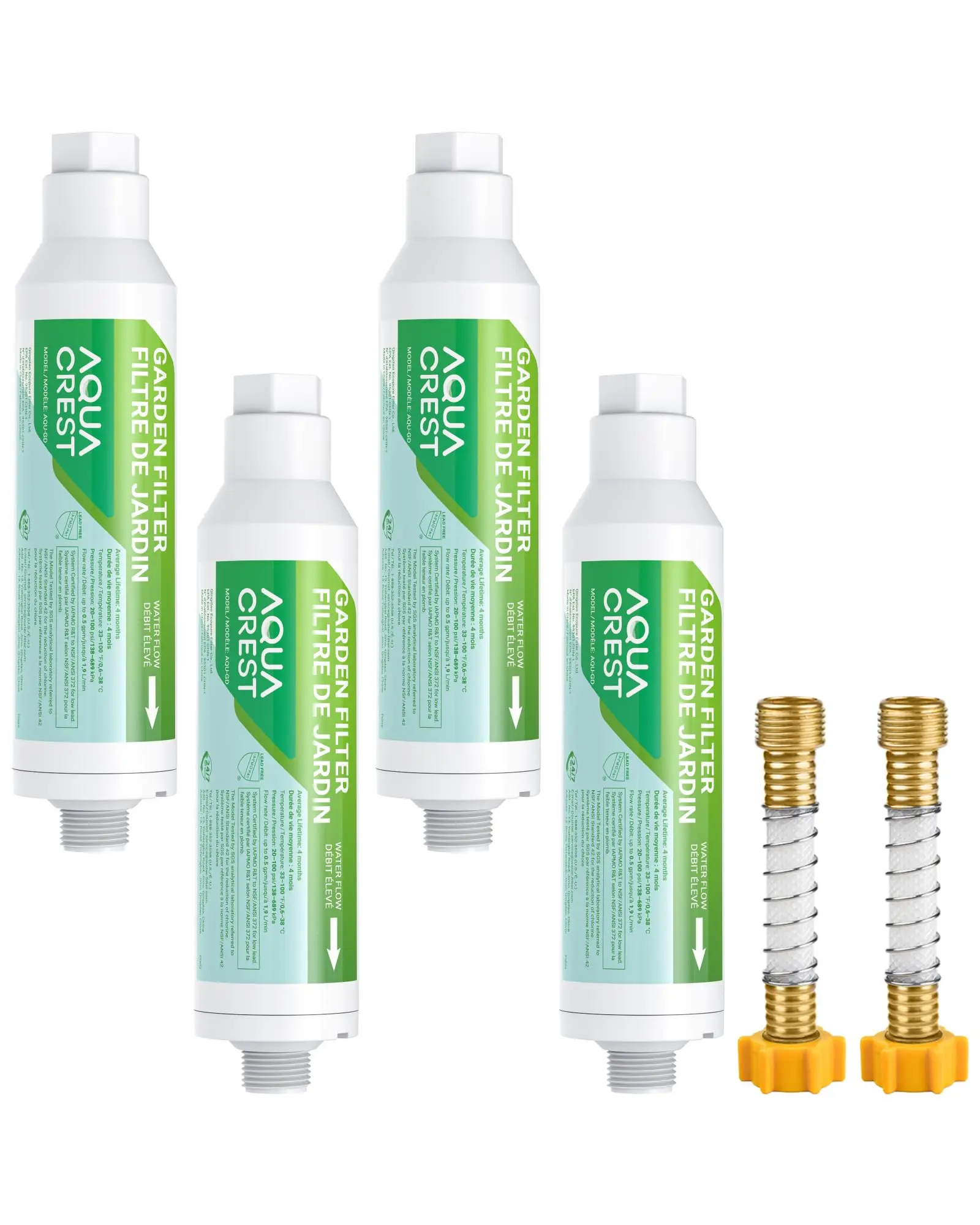 AQUA CREST Garden Hose Water Filter For Plants, NSF/ANSI Certified, Reduces Chlorine, Odor, Improves Plant Health, Suitable for Gardening and Farming, with 2 Flexible Hose Protectors, 4 Pack